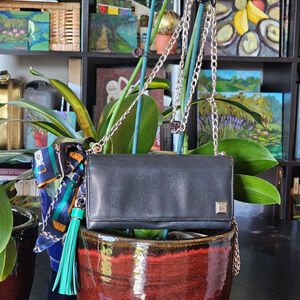 Gucci Black Leather Continental Wallet W/Crossbody Chain, Twilly, & Charm Added